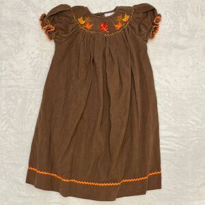 EUC StellyBelly smocked fall leaves brown cord dress with orange trim size 4